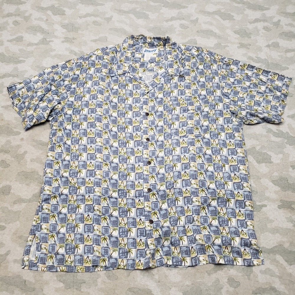 Utility Shirt Mens XL Blue Short Sleeve Button-Up Hawaiian Palm Tree Vacation